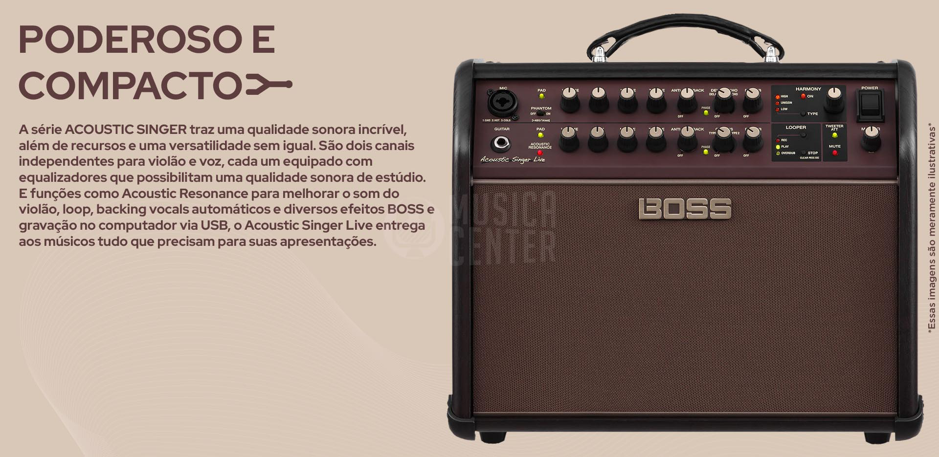 Amplificador BOSS Acoustic Live singer, compacto com qualidade sonora incrível. Dois canais individuais para voz e violão.