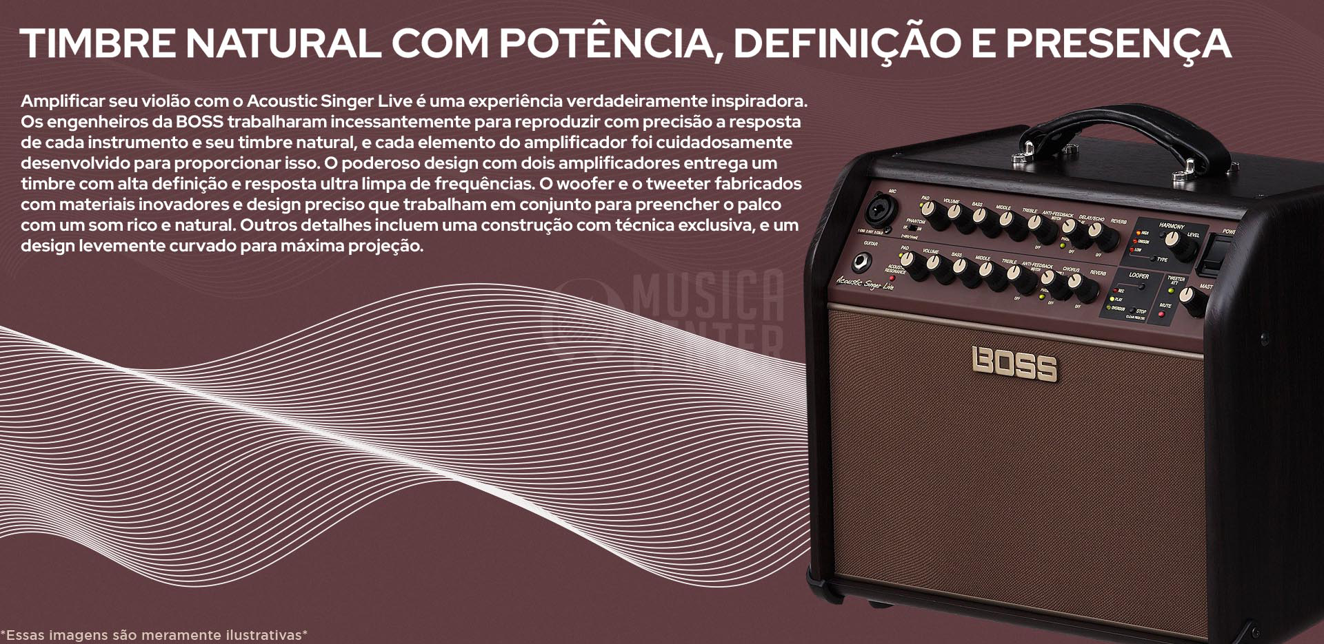 Amplificador BOSS Acoustic Live Singer com timbres naturais, potência, definição e presença. Som rico e natural para você.
