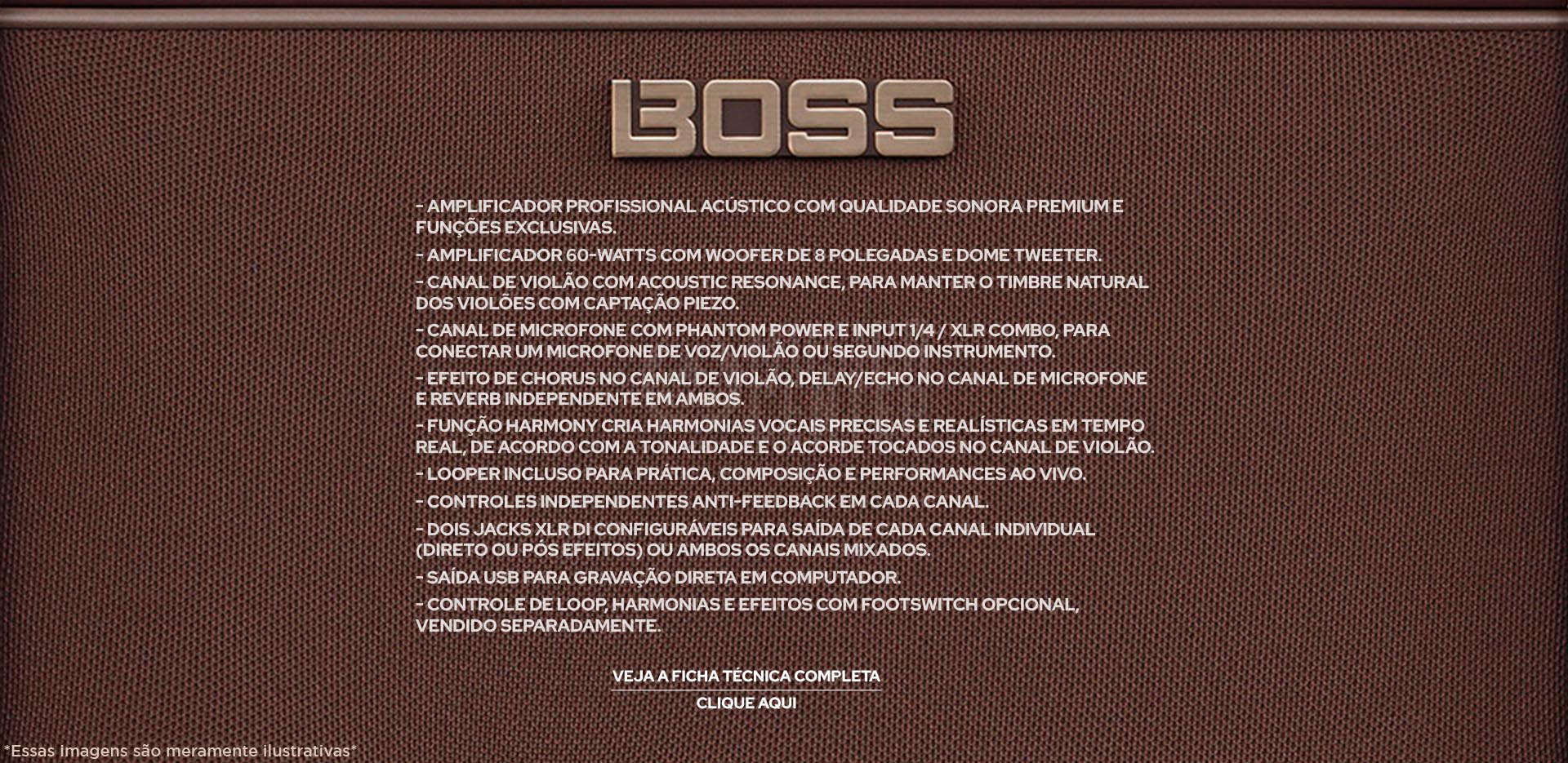 Amplificador BOSS Acoustic Live Singer estiloso na cor marrom com controles excelentes e confortáveis para todo musico.