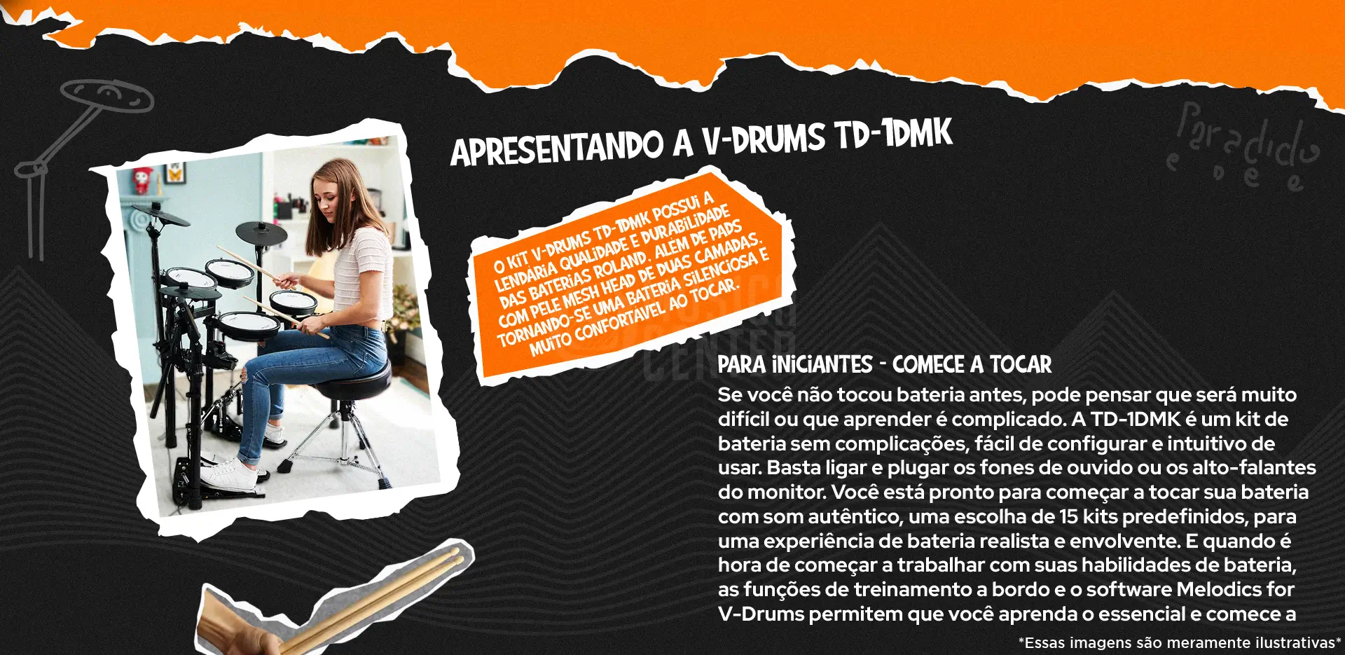 Bateria Eletronica Roland TD-1DMK com a lendária qualidade das baterias Roland, muito silenciosa e confortável.