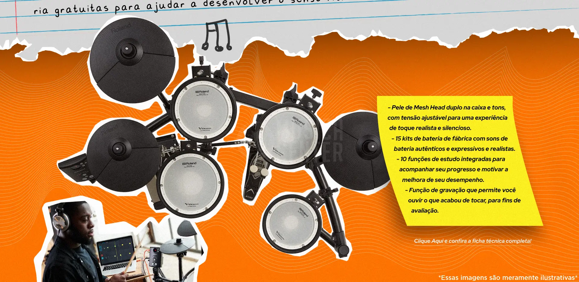 Bateria Eletronica Roland TD-1DMK com peles mesh head dupla, 15 kits de fábrica e funções de estudo e gravação